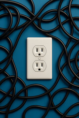 Available power outlet with tangled black cables