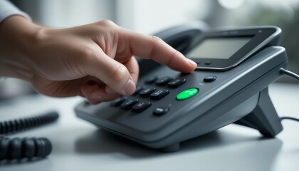 Close up of hand dialing numbers on modern office desk telephone with focus on keypad buttons