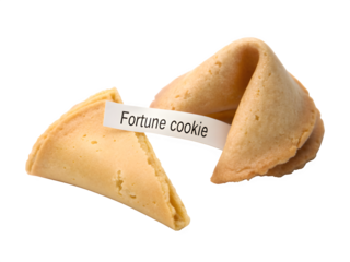 Crispy fortune cookie with a paper fortune inside on a black background