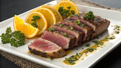 Grilled salmon or beef steaks with roasted vegetables, a delicious and gourmet meal for lunch or dinner