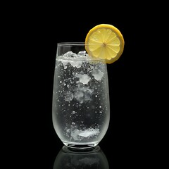 Refreshing Glass of Water with Ice Cubes and Lemon Slice on Black