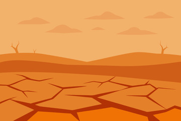 Dry cracked earth landscape with barren trees and clouds