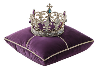Ornate silver crown with jewels rests on a plush purple velvet cushion