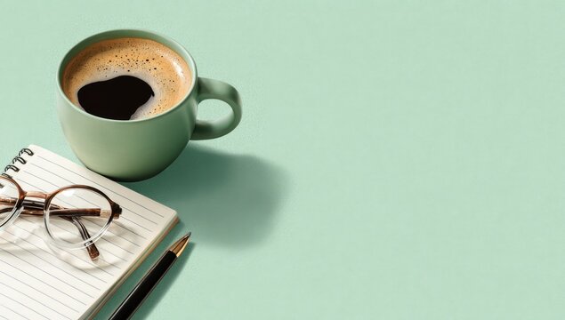 A sage green mug of coffee rests beside a notepad, pen, and eyeglasses on a matching surface; ample copy space - Powered by Adobe