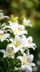 Fototapeta premium Close-up of several pristine white lilies, softly lit, with blurred green background
