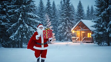 Santa Claus carries a gift through a snowy forest towards a cozy cabin - Powered by Adobe