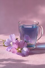 Blue Mallow Herbal Tea in Glass Cup with Steam and Petals &ndash; Calm Floral Aesthetic

