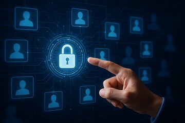 hand pointing at glowing digital padlock interface symbolizing secure data access, cyber protection, identity management, privacy encryption and futuristic network security technology system