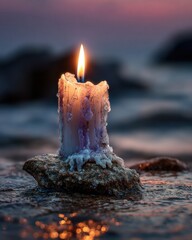 Premium Spiritual Vigil Candle with Dripping Wax on Rock at Dusk for Memorial Day Commemoration and Funeral Planning Content Marketing