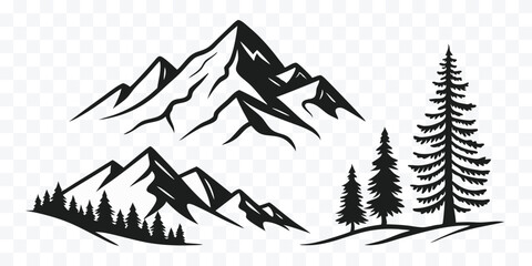 Scenic Mountain Range with Evergreen Trees Black and White Vector Illustration Ideal for Logos and Outdoor Adventure Designs