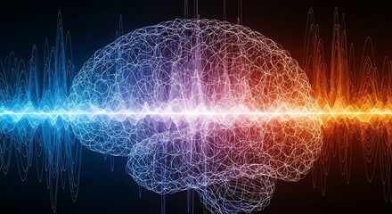 Abstract brain with glowing energy waves and network connections illustration