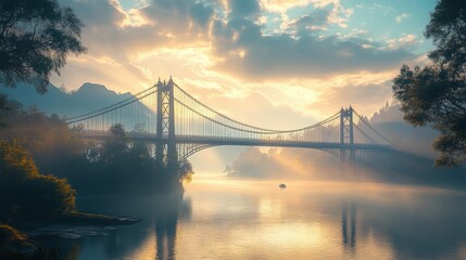 Obraz premium Serene sunrise over a majestic bridge by the river