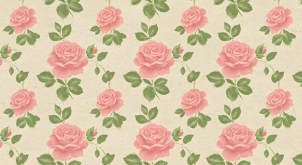 Vintage seamless pattern with pink roses and green leaves on a textured paper background. Retro floral illustration.