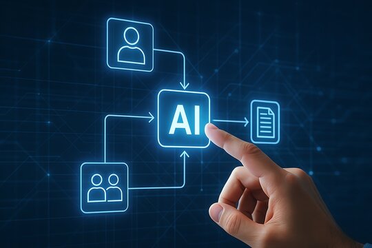 hand touching AI symbol on digital interface with user icons and document flow chart representing artificial intelligence integration and automation in futuristic technology system