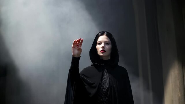 Mysterious woman in a black cloak standing in fog, gothic and witchy Halloween concept.