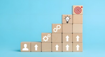 Career growth concept wooden blocks staircase with target idea gears and employee icon