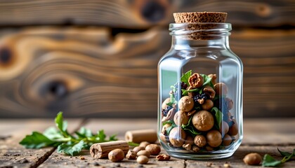 a clear glass jar filled with whole nuts, possibly almonds, and some dried fruit pieces, placed in a rustic setting