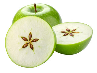 Fresh green apple halved revealing star shaped core on black background