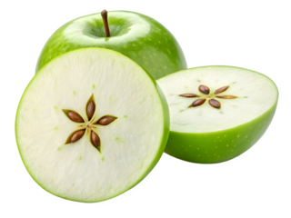 Fresh green apple halved revealing star shaped core on black background