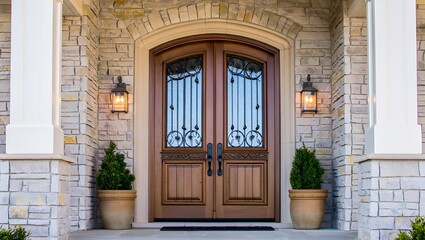Elegant double doors with ornate ironwork provide a welcoming entrance to a stone facade home.