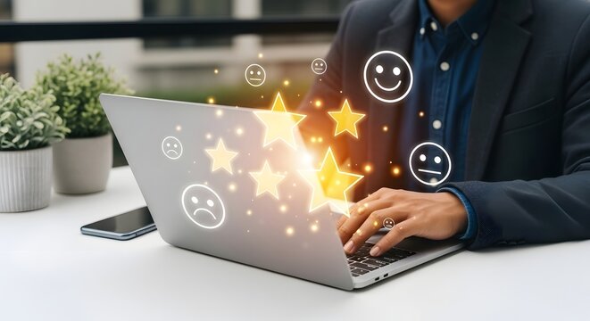 Customer experience feedback online survey form with rating stars and emoticons concept