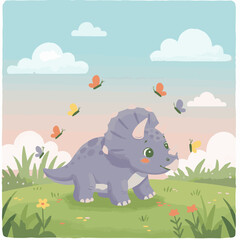 Adorable baby Triceratops dinosaur enjoying a sunny day amidst colorful butterflies and wildflowers.