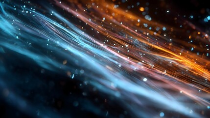 Abstract flowing waves of glowing blue and orange light with bokeh particles, representing data streams, futuristic technology, or a dynamic digital energy field on a dark background.