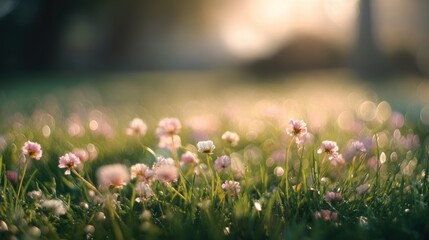 Morning spring meadow with soft-focus flowers, shallow depth for nature content, wellness promotions and serene background visuals