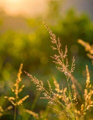 Naklejka premium Wild grass in the forest at sunset. Macro image, shallow depth of field