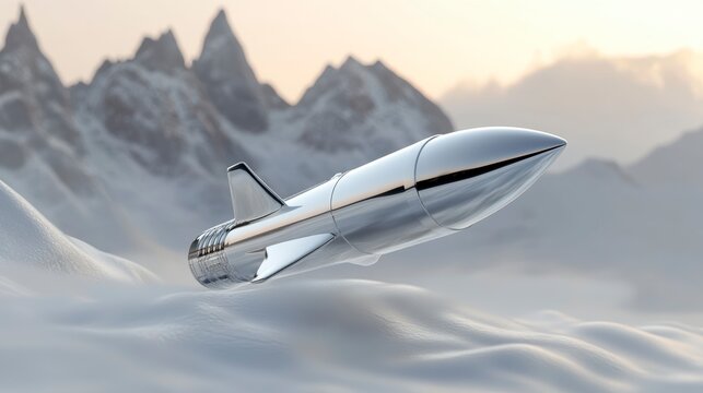 Chrome rocket flying over snowy mountains at sunset.