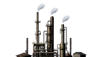 Smokestacks emit white plumes, indicating industrial activity against a clean white backdrop.