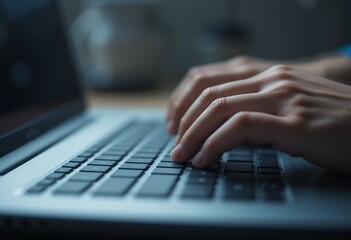 Close up view of human hands typing on a laptop keyboard in a dimly lit environment