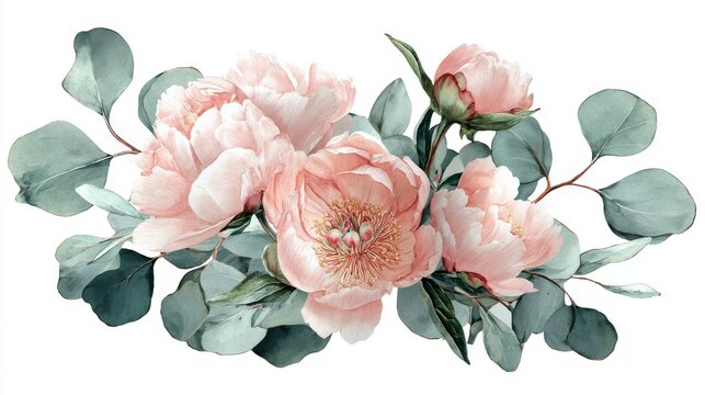 Delicate watercolor peonies with eucalyptus, botanical art for wedding stationery, wall decor and artistic education resources