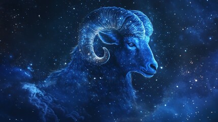 Celestial ram, zodiac sign aries, night sky, cosmic dust, stars, nebula.