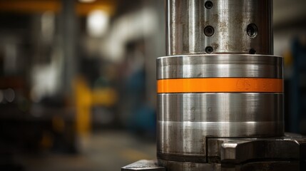Metallic machinery detail with orange safety highlights, industrial close-up for safety manuals, equipment advertisements and technical visuals