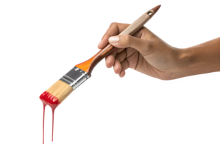 Artist s hand holding a paintbrush with dripping red paint against a black background