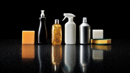 Reflective black kitchen surface with cleaning products, minimal arrangement for home service ads, product displays and cleaning guides