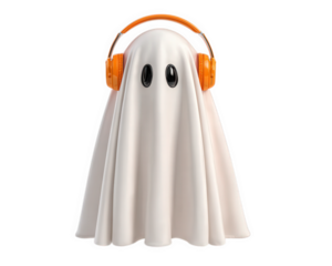 Ghost headphones music dancing cartoon white orange playful fun isolated create cheerful scene of ghost wearing orange headphones enjoying music and dancing with playful and whimsical vibe