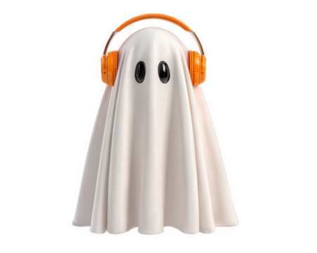 Ghost headphones music dancing cartoon white orange playful fun isolated create cheerful scene of ghost wearing orange headphones enjoying music and dancing with playful and whimsical vibe