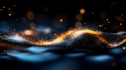 Golden particle stream flowing over a blue surface against a dar