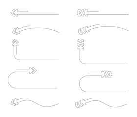 Continuous line art of various arrow shapes. Long straight arrow. Curved arrow. Turning arrow. U-turn arrow. Vector illustration concept of arrows.