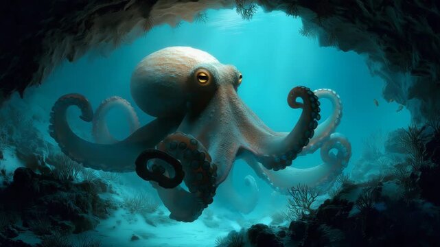A giant octopus lurks in a mysterious deep-sea cave, its tentacles elegantly curling around rocks.