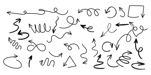 Crayon arrow sketches collection - hand drawn doodle style pointers  curved lines  round swirls Chaotic scribbling artistic design elements set Black grunge brush strokes isolated on white bg