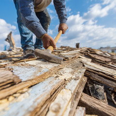 Worker Removing Old Roof Shingles