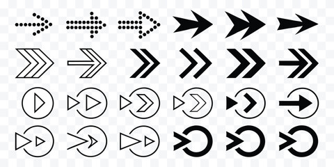 Collection of Black Arrow Icons for Navigation and UI Design Representing Direction and Movement in Various Styles and Forms