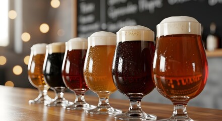 Craft Beer Tasting A Flight of Diverse Brews in a Cozy Bar, Featuring Amber, Dark, and Light Ales with Frothy Heads on a Wooden Countertop Illustration