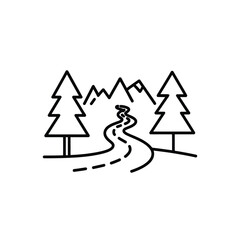 Stylized line art illustration of a winding road through a forest with mountains