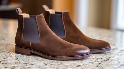 Stylish brown leather chelsea boots on granite surface.