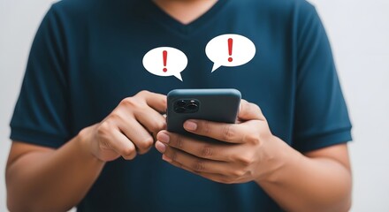 Mobile phone error notification alert concept, man holding smartphone with exclamation mark