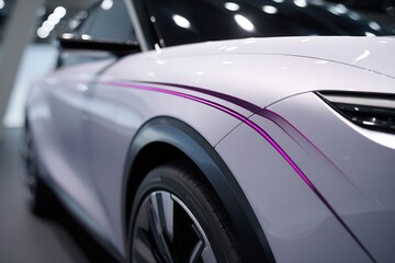 Sleek purple electric car with innovative led stripes in modern showroom.